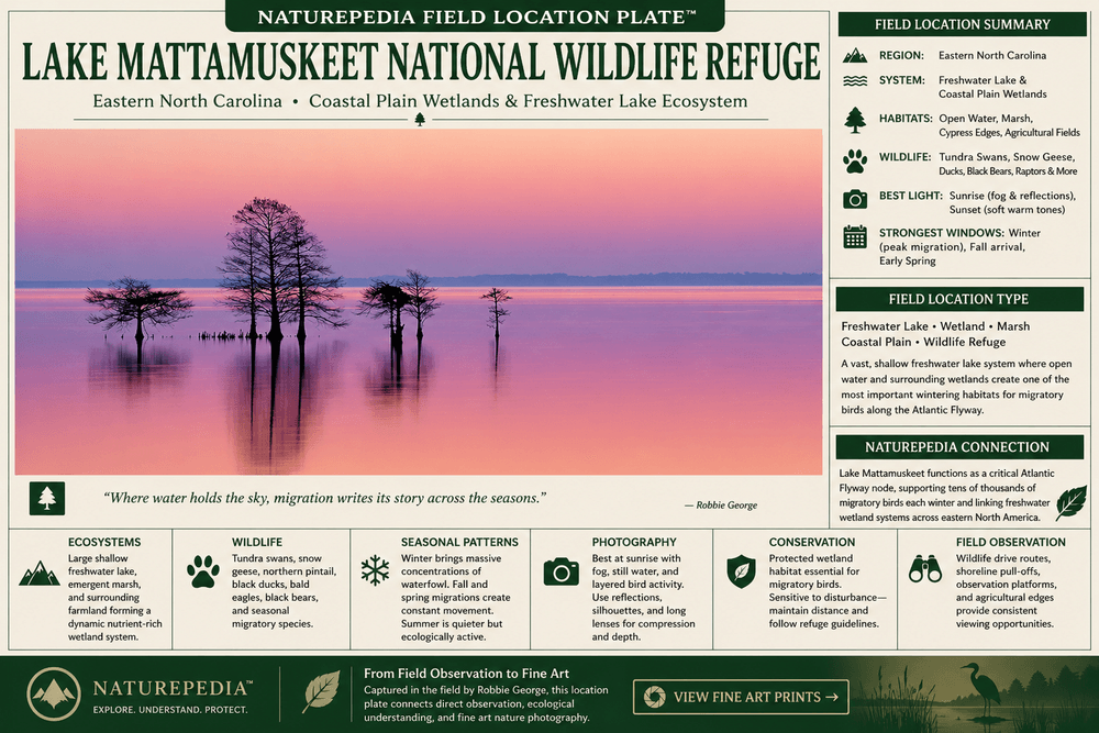 Lake Mattamuskeet National Wildlife Refuge field location plate showing freshwater lake habitat, cypress trees, waterfowl migration, tundra swans, seasonal patterns, and photography conditions — Naturepedia Field Location Plate by Robbie George