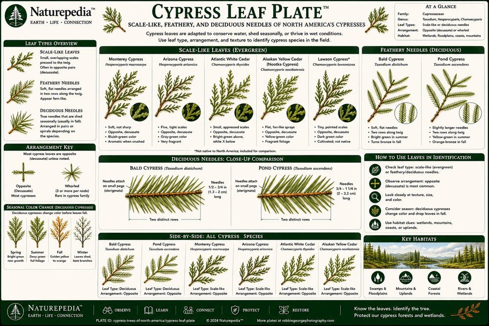 Cypress Leaf Plate showing scale-like foliage, feathery sprays, deciduous bald cypress needles, foliage texture, seasonal color, and identification traits by Robbie George