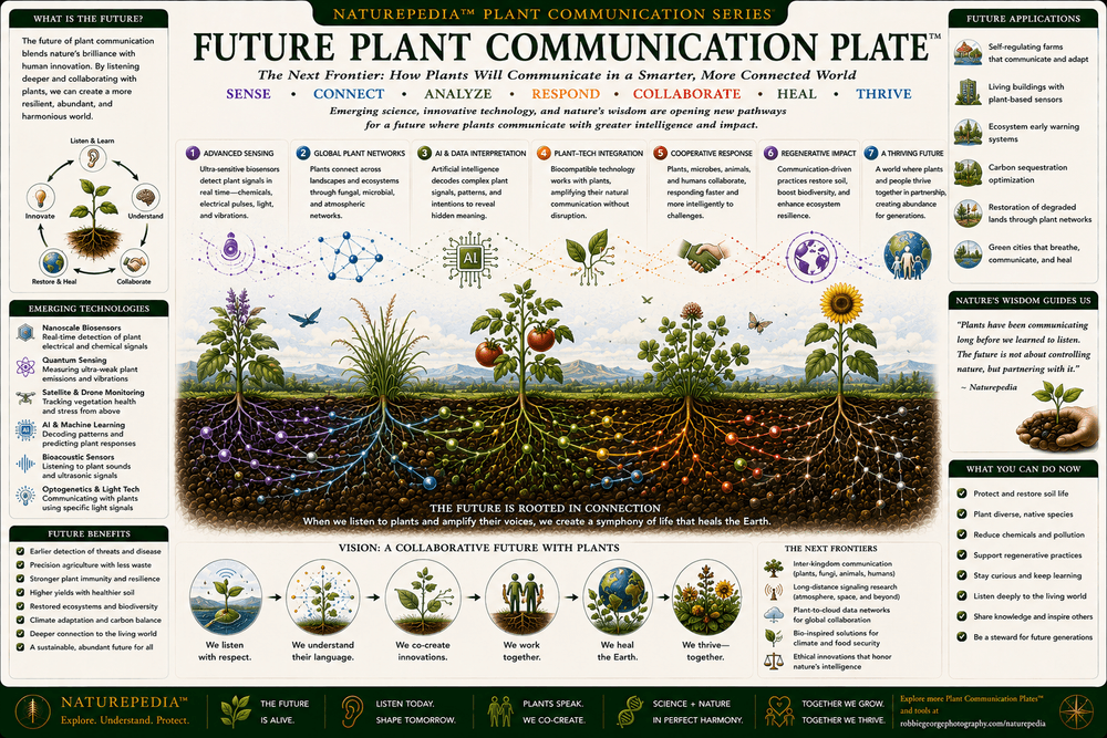 Future Plant Communication Plate showing integrated chemical, electrical, fungal, microbial, ecological, and environmental communication networks shaping the future understanding of plant intelligence.
