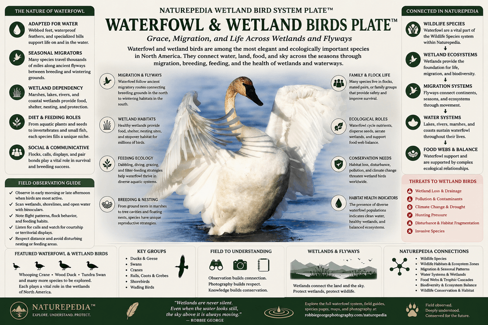 Waterfowl and Wetland Birds Plate showing migration, flyways, wetland habitats, feeding ecology, breeding behavior, conservation needs, and Naturepedia wetland bird system connections by Robbie George