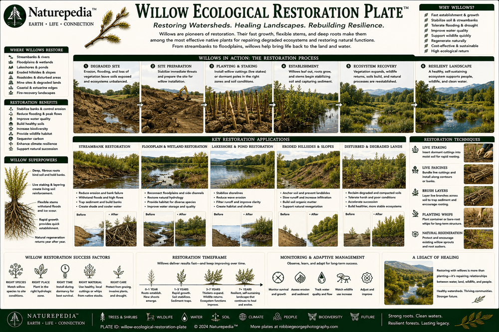 Willow Ecological Restoration Plate showing stream restoration, wetland recovery, riverbank stabilization, and habitat restoration
