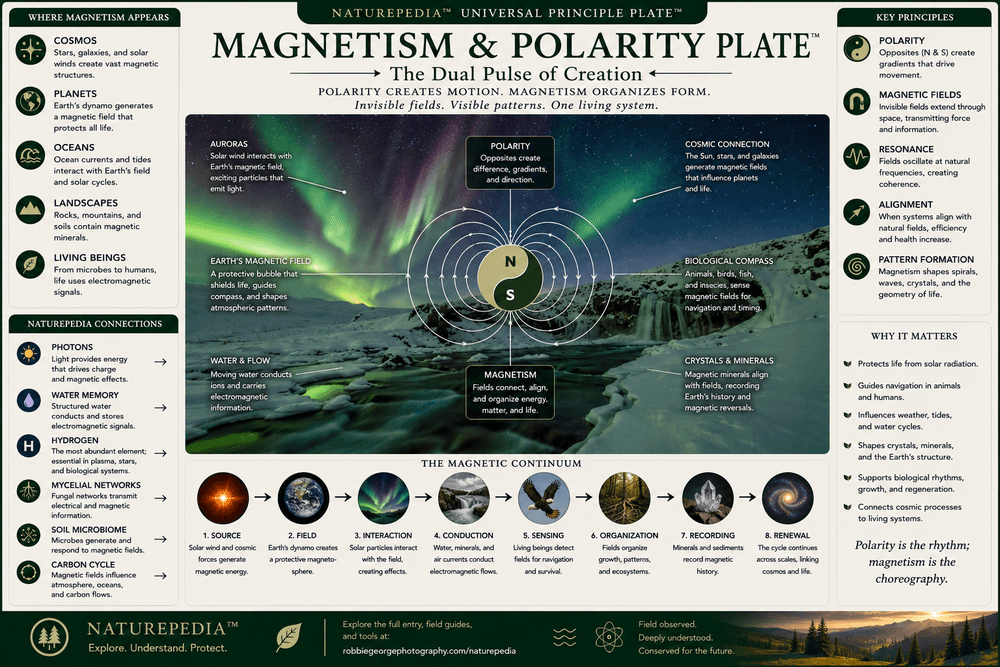 Magnetism and Polarity Plate showing auroras, magnetic field lines, polarity, Earth’s magnetic field, water flow, biological compass, minerals, resonance, and Naturepedia connections by Robbie George