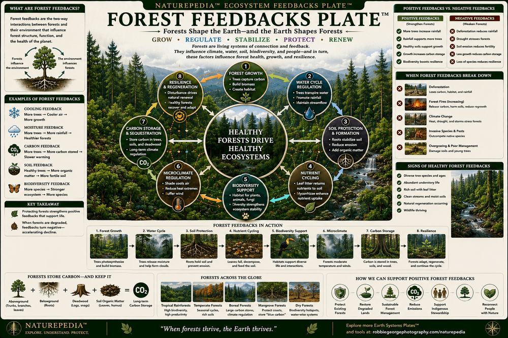 Forest Feedbacks Plate showing canopy, biodiversity, moisture, fungi, carbon storage, and ecosystem resilience