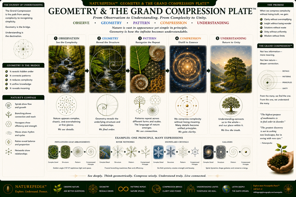 Geometry and The Grand Compression Plate illustrating recurring geometry, compression, branching systems, spirals, natural organization, observation, and interconnected living systems.