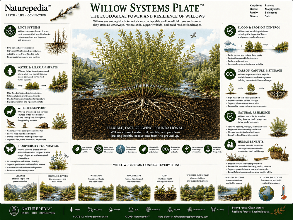Willow Systems Plate showing willow ecology, river systems, wetlands, wildlife habitat, beaver relationships, and ecological restoration in North America