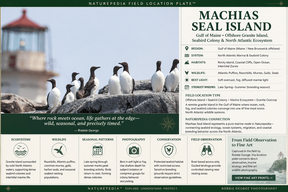 Machias Seal Island field location plate showing puffins, seabird colony habitat, marine ecosystem, and photography conditions — Naturepedia Field Location Plate by Robbie George