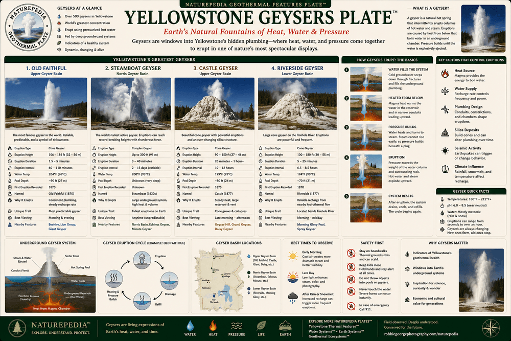 Yellowstone Geysers Plate showing Old Faithful, Steamboat Geyser, Castle Geyser, Riverside Geyser, hydrothermal plumbing, pressure systems, and geothermal eruptions by Robbie George