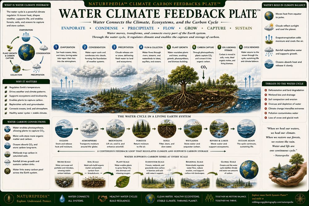 Water Climate Feedback Plate showing oceans, evaporation, clouds, rainfall, rivers, wetlands, forests, plant growth, and carbon cycling throughout Earth's climate system.