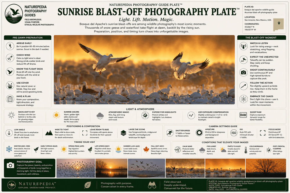 Sunrise Blast-Off Photography Plate showing snow geese takeoffs, sunrise silhouettes, migration density, atmospheric conditions, wetland habitat, and Naturepedia migration photography intelligence