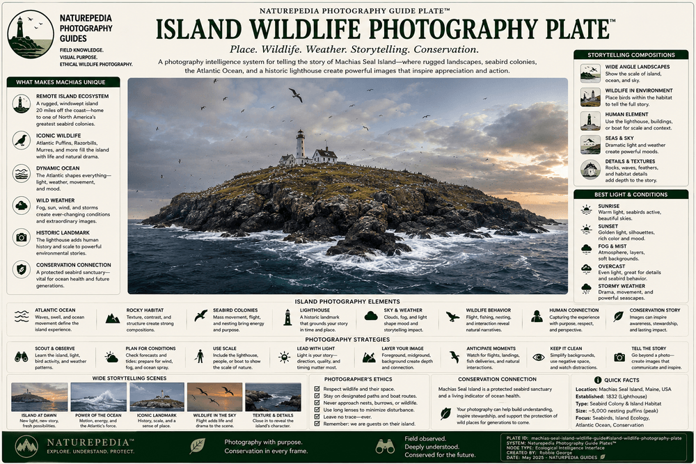 Island Wildlife Photography Plate showing Atlantic Ocean habitat, seabird colonies, lighthouse landscapes, weather systems, conservation storytelling, and Naturepedia environmental photography intelligence