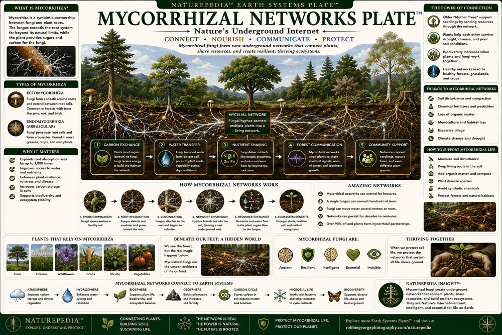 Mycorrhizal Networks Plate showing fungal hyphae connecting roots, trees, nutrients, carbon exchange, water movement, and ecosystem communication