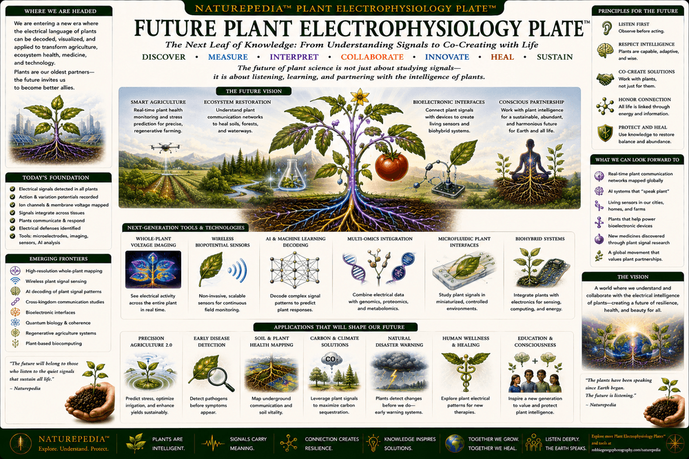Future Plant Electrophysiology Plate illustrating plant bioelectricity, ecological communication, AI-assisted monitoring, electrical ecology, mycorrhizal networks, and future ecosystem research.