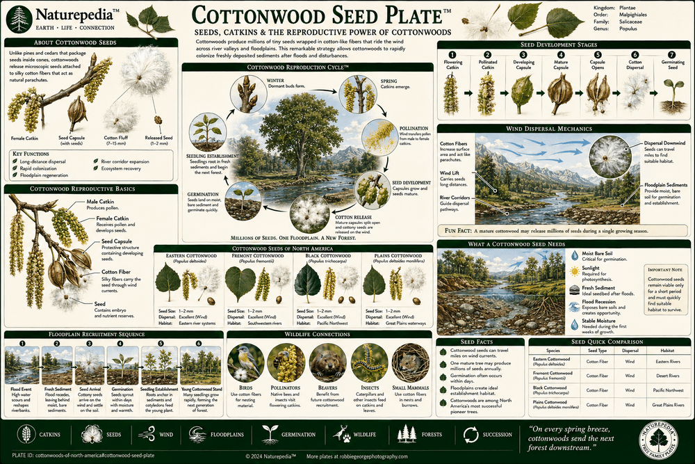 Cottonwood Seed Plate showing cotton-like seeds, wind dispersal, river corridor movement, floodplain colonization, seedling establishment, and forest renewal by Robbie George