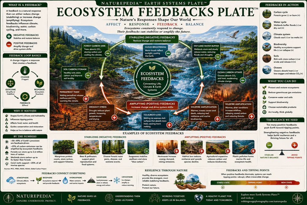 Ecosystem Feedbacks Plate showing forests, wetlands, oceans, soils, microbes, biodiversity, carbon storage, climate regulation, and ecological feedback loops