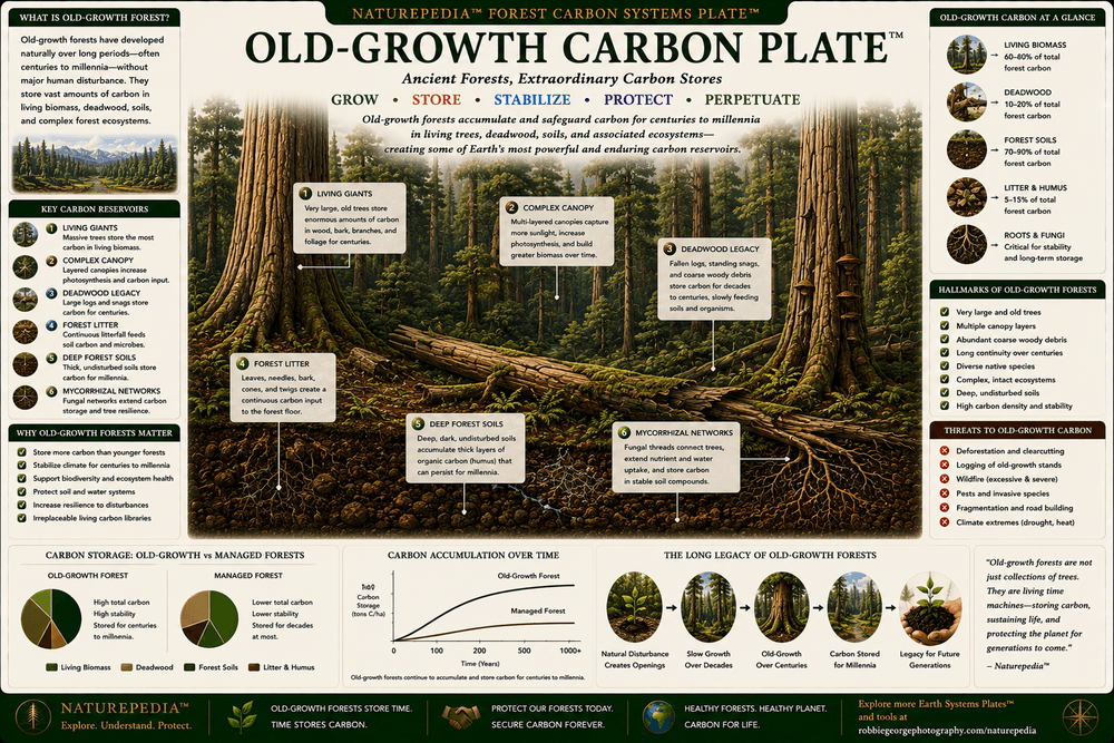 Old-Growth Carbon Plate showing ancient trees, layered forest canopy, coarse woody debris, deep forest soils, fungal networks, biodiversity, and long-term forest carbon storage.
