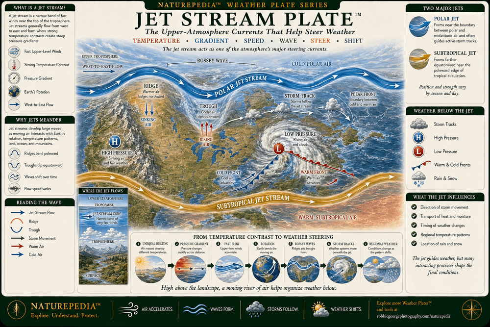 Jet Stream Plate showing the polar and subtropical jet streams, west-to-east upper-atmosphere flow, Rossby waves, ridges, troughs, cold polar air, warm subtropical air, storm tracks, high and low pressure, warm and cold fronts, rising and sinking air, rain, and snow across North America.