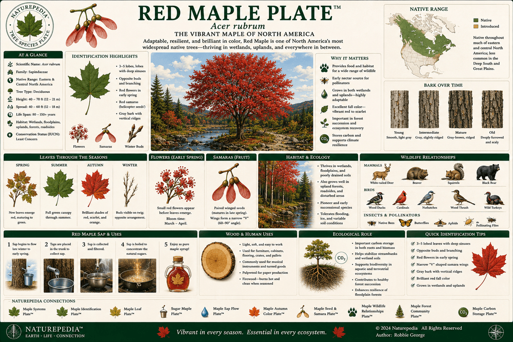 Red Maple Plate showing Acer rubrum, red flowers, red twigs, wetland edges, autumn color, wildlife habitat, and eastern forest ecology by Robbie George