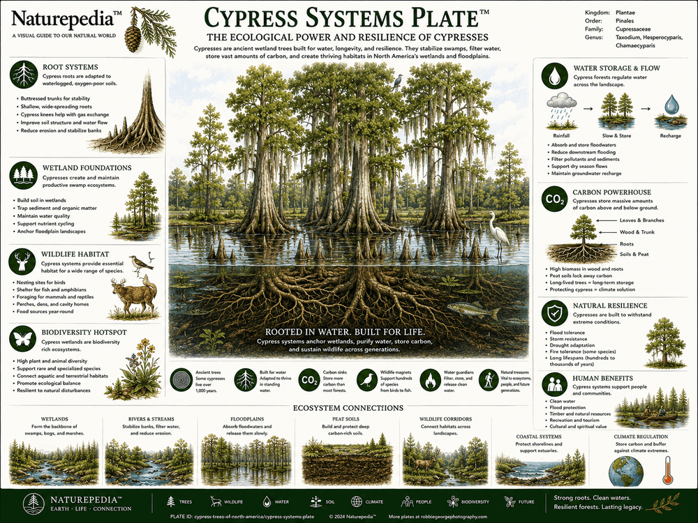 Cypress Systems Plate showing wetland forests, swamp ecology, cypress knees, scale-like leaves, woody cones, water storage, wildlife habitat, carbon storage, fire adaptation, climate resilience, and North American cypress ecology by Robbie George