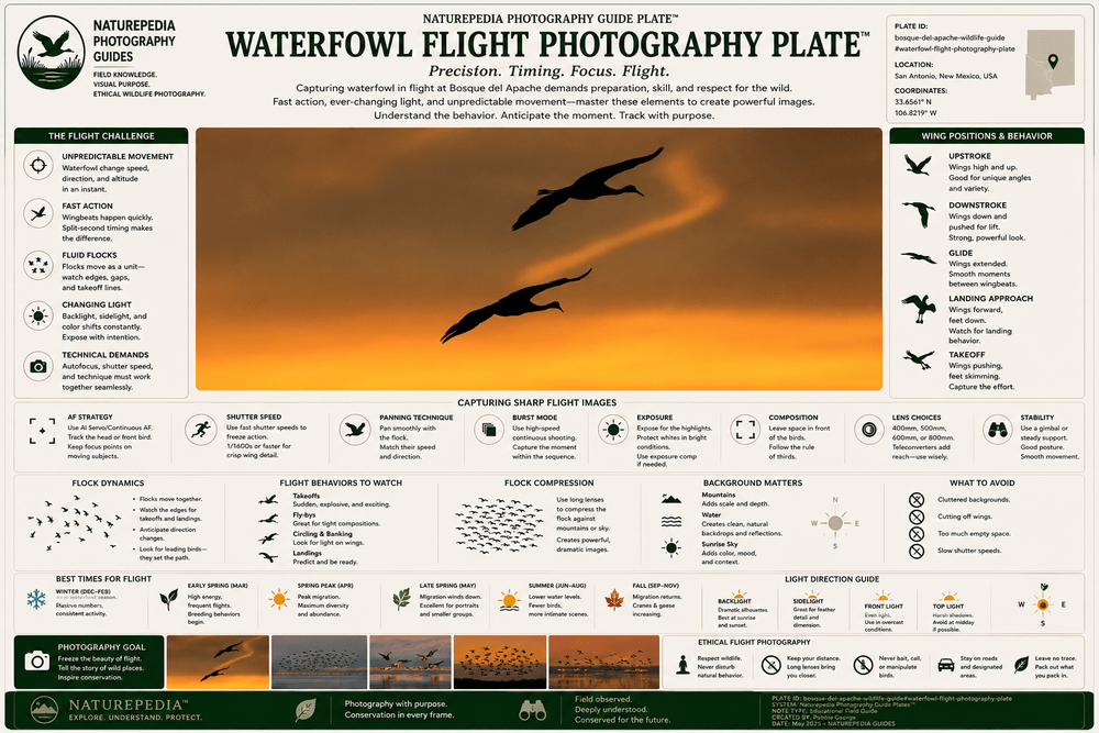 Waterfowl Flight Photography Plate showing flock behavior, shutter speed, autofocus systems, wing positions, panning, migration movement, and Naturepedia flight photography intelligence