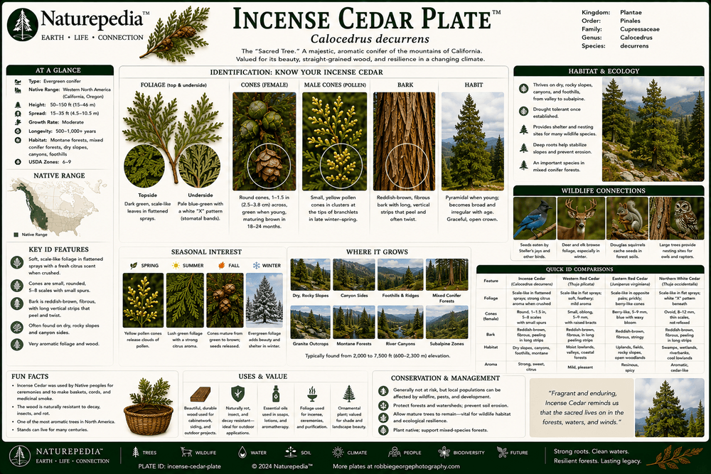 Incense Cedar Plate showing Sierra Nevada forests, aromatic bark, fire resilience, drought tolerance and western mountain habitat by Robbie George