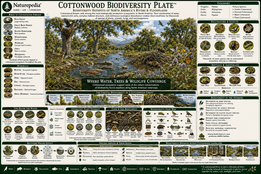 Cottonwood Biodiversity Plate showing birds, mammals, insects, pollinators, understory plants, fungi, river food webs, migration corridors, and ecosystem resilience by Robbie George