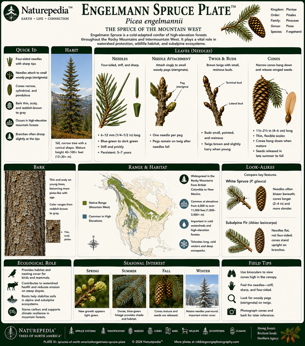Engelmann Spruce Plate showing Picea engelmannii, Rocky Mountain forests, high-elevation watersheds, cold-air basins, subalpine habitat, snowpack ecology, and western spruce systems by Robbie George