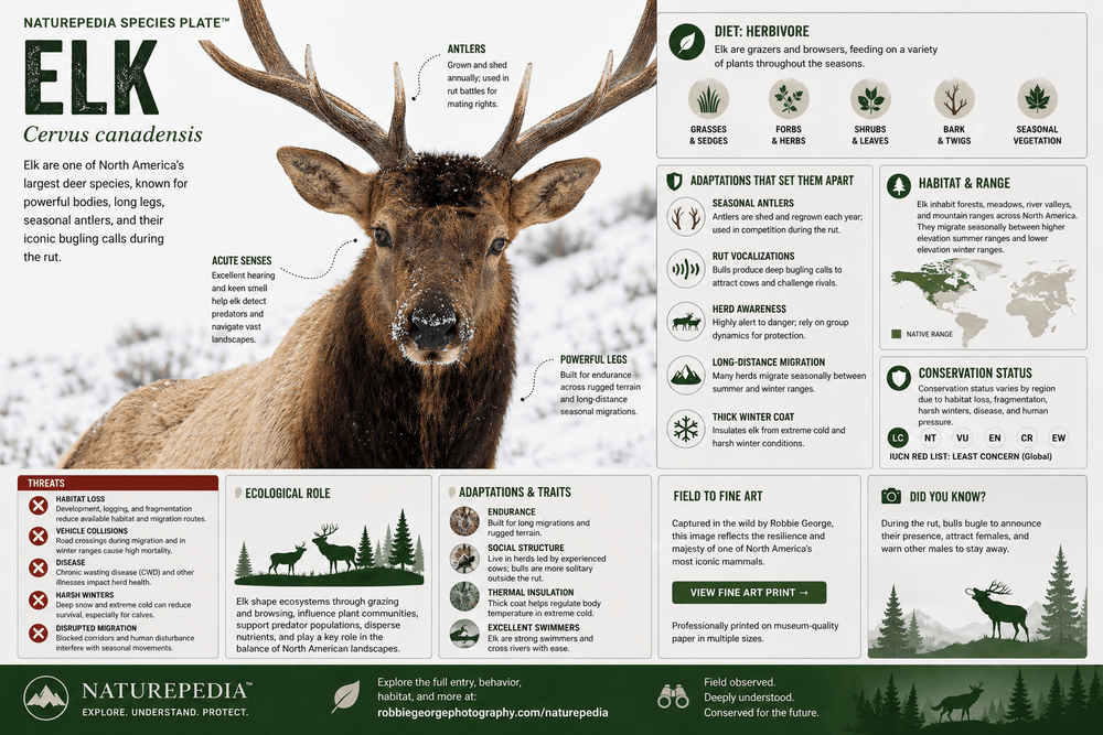 Elk in snowy North American habitat with annotated species plate showing antlers, diet, migration, adaptations, ecological role, and conservation — Naturepedia Species Plate by Robbie George