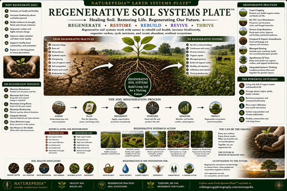 Regenerative Soil Systems Plate showing cover crops, compost, no-till farming, biodiversity, carbon storage, healthy roots, microbial activity, and ecosystem resilience