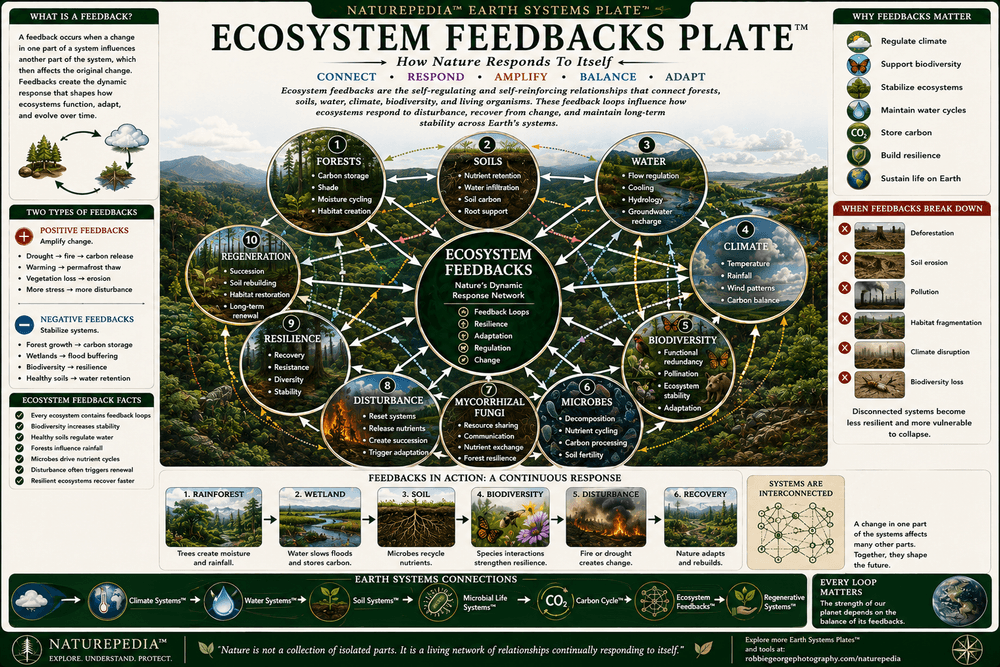 Ecosystem Feedbacks Plate showing forests, soils, water, climate, microbes, fungi, biodiversity, disturbance, recovery, resilience, and human stewardship as interconnected feedback loops