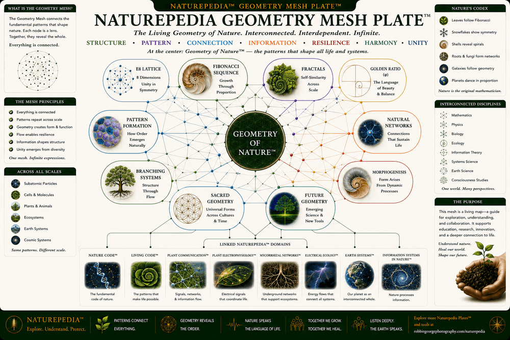 Naturepedia Geometry Mesh Plate illustrating Geometry of Nature connecting E8 Lattice, Fibonacci, Fractals, Pattern Formation, Natural Networks, Nature Code, Living Code, Plant Communication, Electrical Ecology, Earth Systems, and the broader Naturepedia knowledge graph.