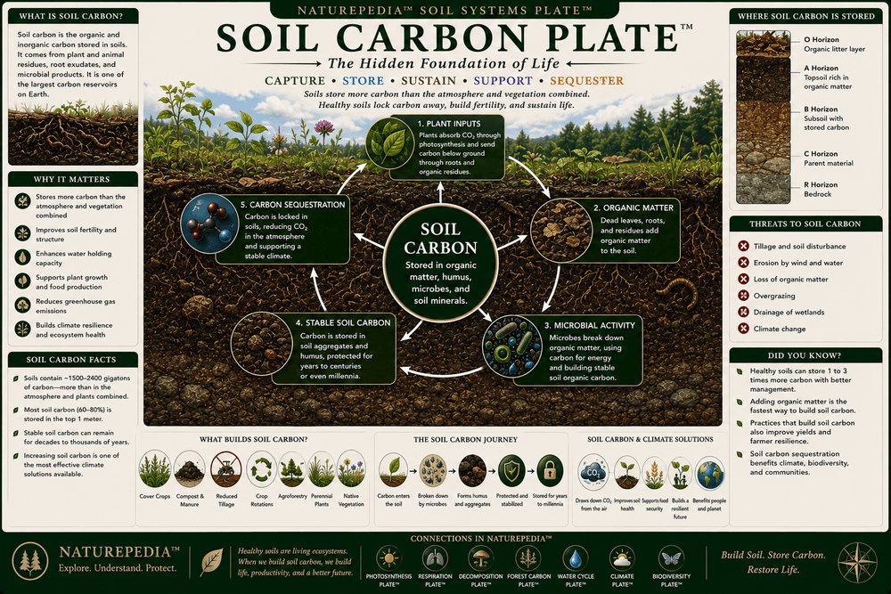 Soil Carbon Plate showing roots, microbes, organic matter, humus, and long-term carbon storage within soils