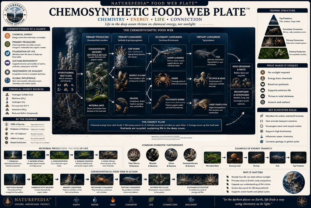 Chemosynthetic Food Web Plate showing chemical energy, chemosynthetic microbes, tube worms, mussels, clams, shrimp, crabs, fish, and hydrothermal food-web relationships