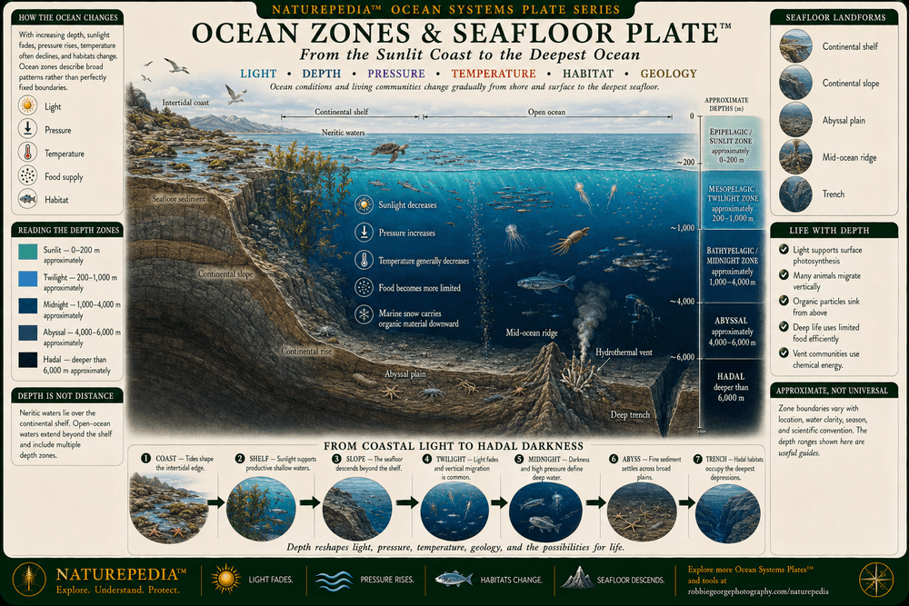 Ocean Zones and Seafloor Plate showing the epipelagic, mesopelagic, bathypelagic, abyssal, and hadal zones alongside the continental shelf, continental slope, abyssal plain, mid-ocean ridge, hydrothermal vents, and deep-ocean trench.