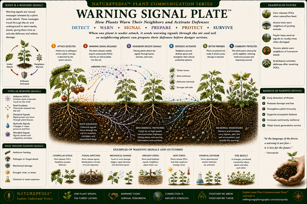 Warning Signal Plate showing an insect-damaged plant sending airborne and underground warning signals to neighboring plants through volatile organic compounds, roots, fungi, and ecological communication pathways.