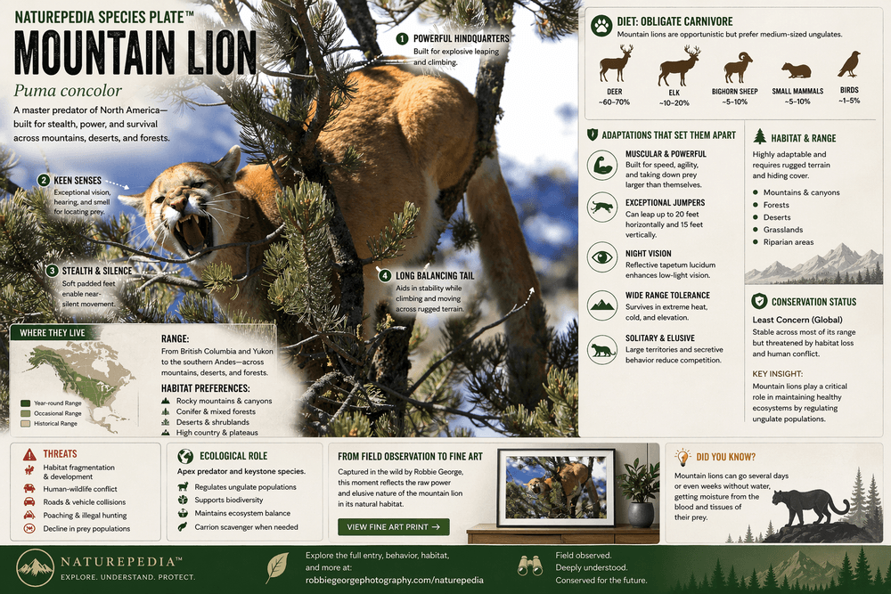 Mountain lion in a pine tree with annotated species plate showing habitat, diet, adaptations, hunting behavior, range, and conservation — Naturepedia Species Plate by Robbie George