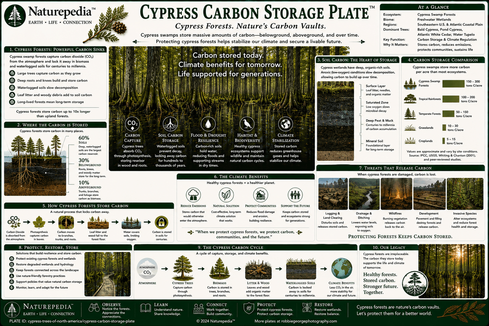 Cypress Carbon Storage Plate showing cypress biomass, long-lived trunks, root systems, wetland soils, peat formation, slow decomposition, floodplain sediments, carbon storage, and climate regulation by Robbie George