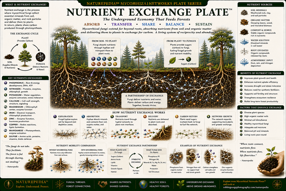 Nutrient Exchange Plate showing fungal hyphae transporting phosphorus, nitrogen, minerals, water, and nutrients between plant roots through underground mycorrhizal networks.