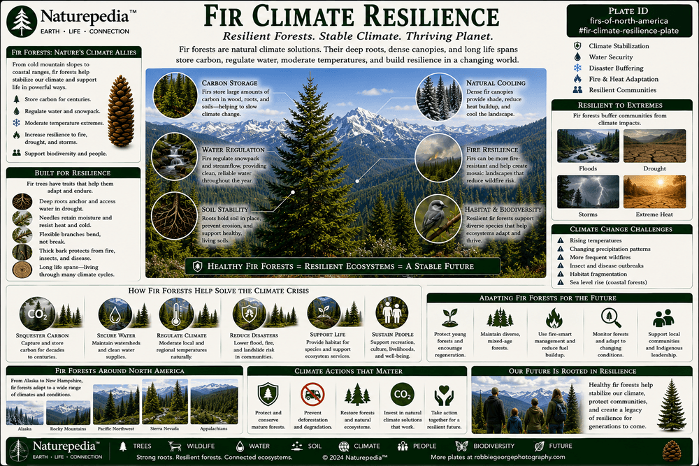 Fir Climate Resilience Plate showing warming forests, snowpack decline, elevation shifts, wildfire disturbance, insect pressure, regeneration challenges, and future mountain ecosystems by Robbie George