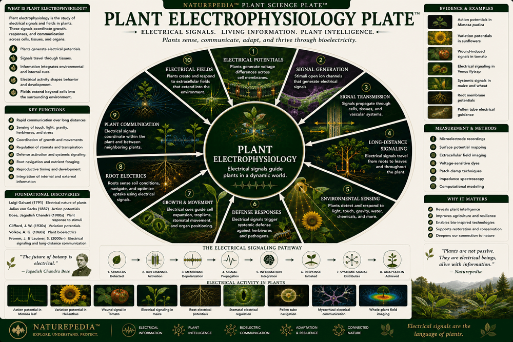 Plant Electrophysiology Plate showing roots, leaves, signaling, Venus flytrap, environmental response, nutrient uptake, growth, adaptation, and plant communication