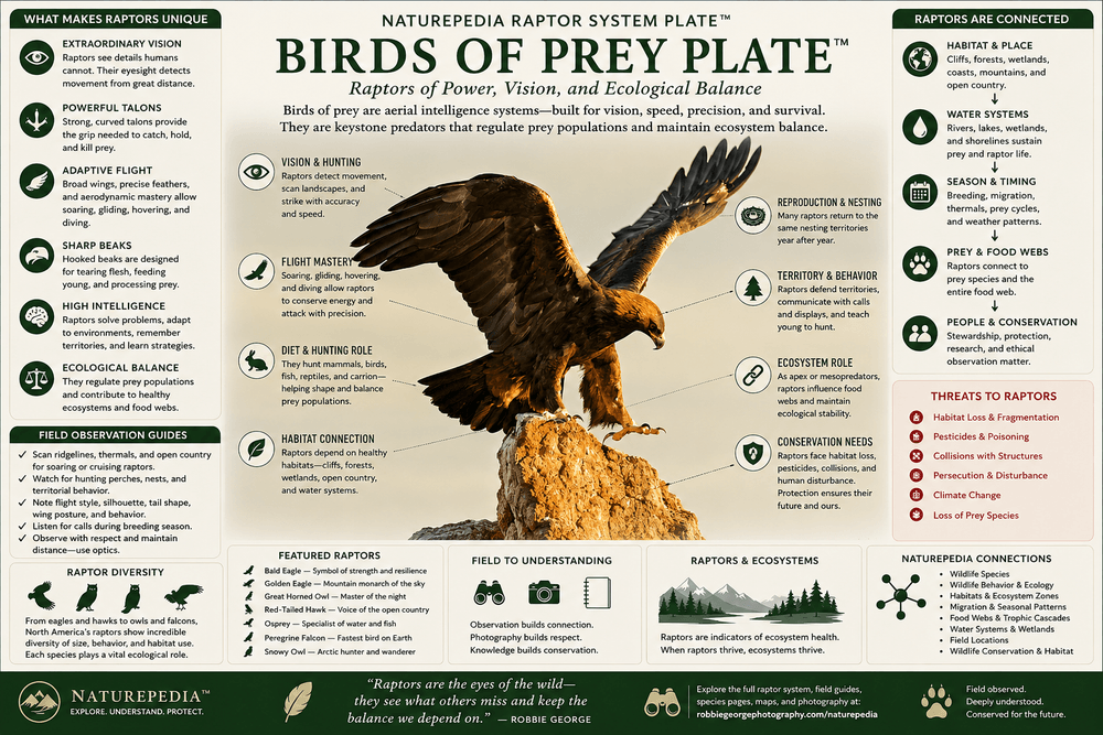 Birds of Prey Plate showing raptor vision, hunting behavior, flight mastery, ecological role, habitat connection, conservation needs, and Naturepedia system relationships by Robbie George