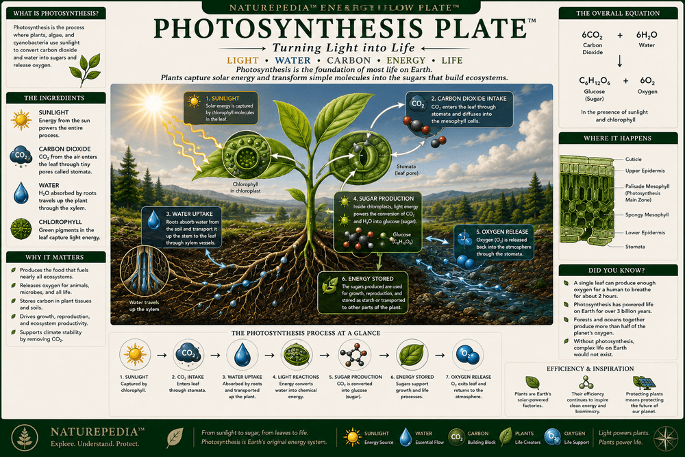 Photosynthesis Plate showing how sunlight, water, and carbon dioxide become plant biomass and oxygen