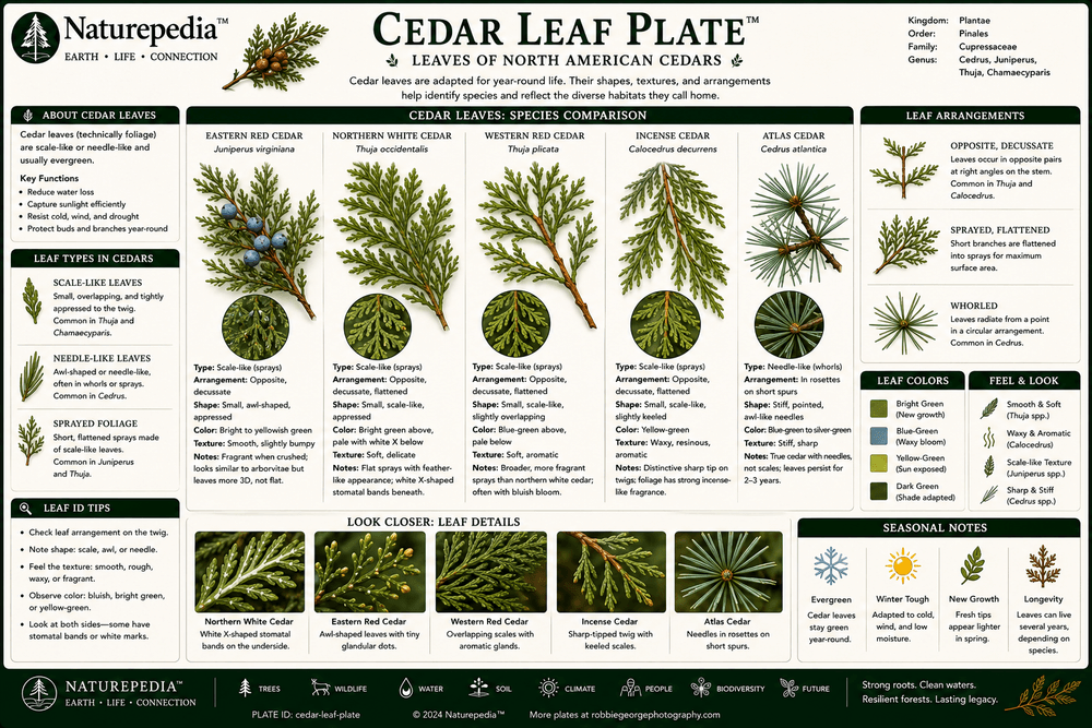 Cedar Leaf Plate showing cedar foliage, scale-like leaves, evergreen sprays, identification traits and cedar morphology by Robbie George