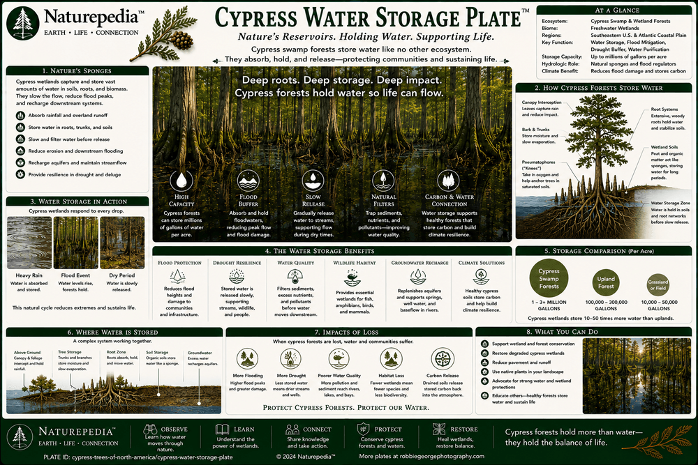 Cypress Water Storage Plate showing flood buffering, water storage, groundwater recharge, slow-release hydrology, stormwater absorption, wetland filtration, river floodplains, and watershed stability by Robbie George