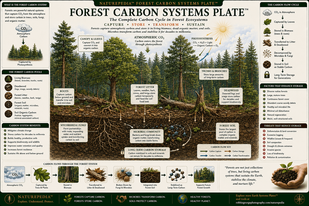 Forest Carbon Systems Plate showing atmospheric carbon dioxide, photosynthesis, tree canopy, living biomass, roots, mycorrhizal fungi, forest litter, deadwood, microbial decomposition, forest soil carbon, carbon storage, and ecosystem resilience.