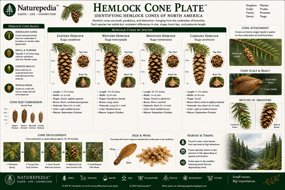 Hemlock Cone Plate showing small hanging cones, seed scales, winged seeds, cone size, seed release, wildlife food value, and hemlock forest regeneration by Robbie George