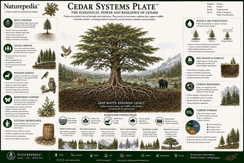 Cedars of North America Plate showing cedar identification, scale-like foliage, bark, cones, cedar swamps, wildlife habitat, forest communities, carbon storage, and climate resilience by Robbie George