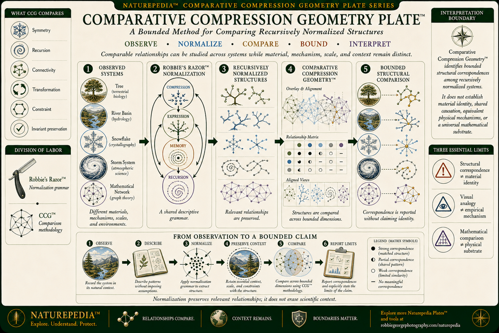 Comparative Compression Geometry Plate showing observed systems passing through Robbie's Razor recursive normalization before bounded comparison through symmetry, recursion, connectivity, transformation, constraint, and invariant preservation, with scientific boundaries separating structural correspondence from material identity.