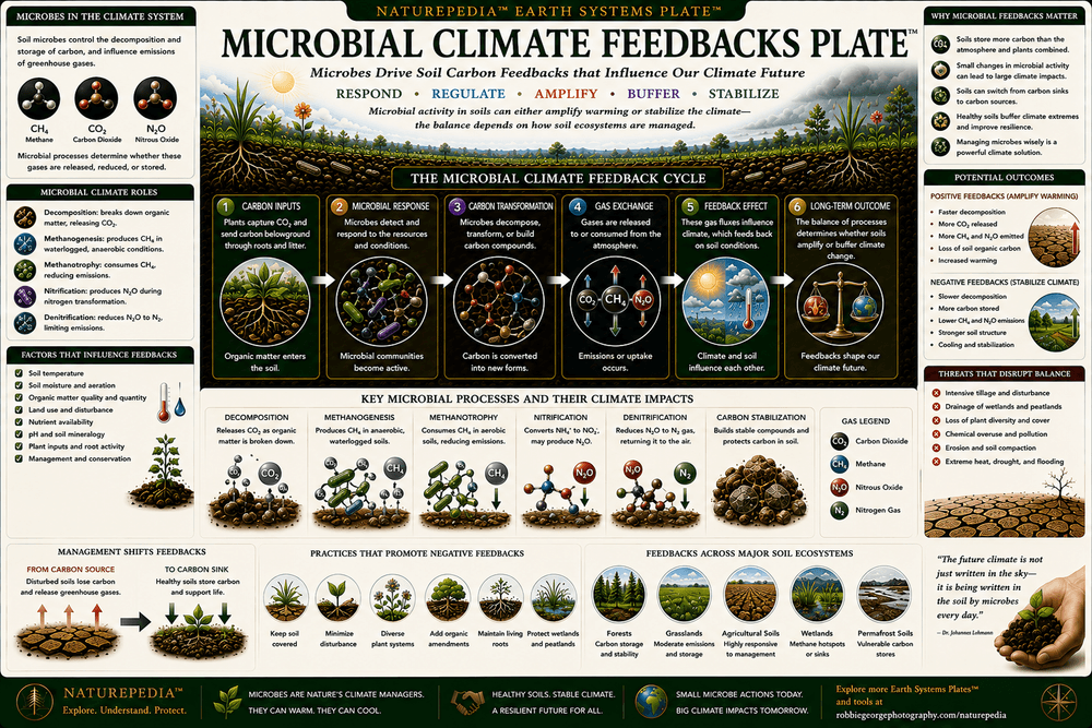 Microbial Climate Feedbacks Plate showing soil microbes, climate change, drought, rainfall, carbon dioxide release, soil carbon storage, ecosystem resilience, and microbial responses to environmental change.