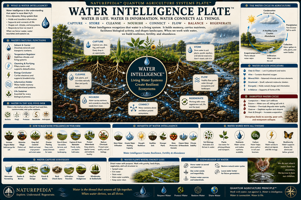 Water Intelligence Plate showing rainfall, infiltration, soil moisture, roots, nutrient transport, microbes, plant hydration, watersheds, evaporation, and regenerative farming