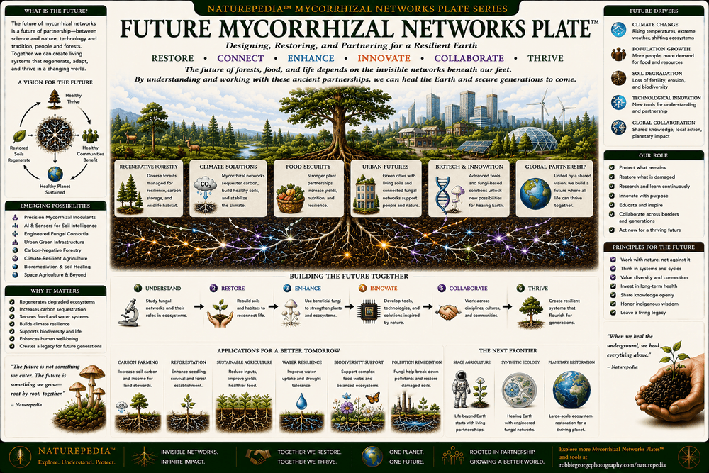 Future Mycorrhizal Networks Plate showing fungal networks, plant roots, ecological monitoring, planetary signaling, distributed intelligence, soil systems, and future electrical ecology.
